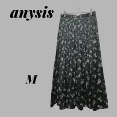 【エニィシス】フラワープリント フレアスカート ミディ丈 黒／白花柄 M