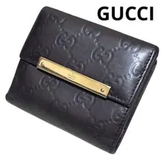 グッチ　折り財布　GGシマ　レザー　ダークブラウン　金属ロゴプレート　Wホック