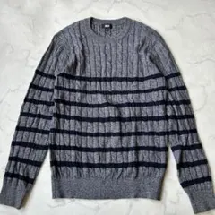 ユニクロ ニット クルーネック ケーブル編み ボーダー カシミア メンズ 薄手