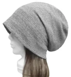 ハンドメイド◆ルーズワッチキャップ◆ワッフル織コットンスラブニット／杢グレー系