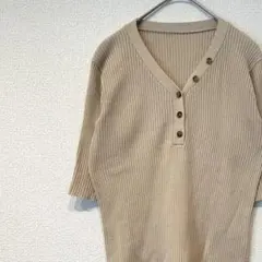 GRL ニット セーター リブ 五分袖 ハーフボタン Ｖネック シンプル