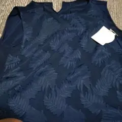 葉模様刺繍 ネイビー 半袖ブラウス 9R
