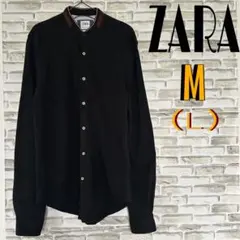 ZARA 長袖シャツ M (L) ポロ生地　襟なし ブラック エルボーパッチ