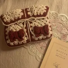 リボン ブックカバー 赤 白 編み物 ハンドメイド