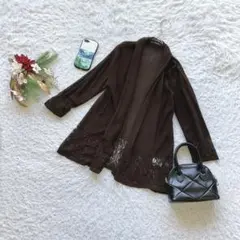 カーディガン 長袖 レース切替 ミドル丈 L きれいめ 前開き 羽織り 重ね着