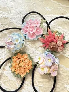 ハンドメイド　レース糸編み　花モチーフ ヘアゴム 1個----桜