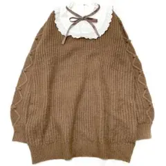 ハニーシナモン　切替フリルニットワンピース　ブラウン　リボン　フリーサイズ