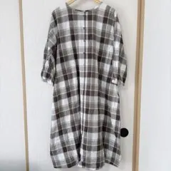 Samansa Mos2 綿麻 チェック 前開き ワンピース F ロング丈