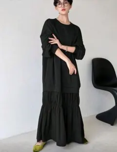 シーイン フリフル ツートーン バイカラー 異素材 長袖 ロングワンピース①