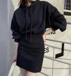 Chico フードスウェットリブミニワンピ ブラック