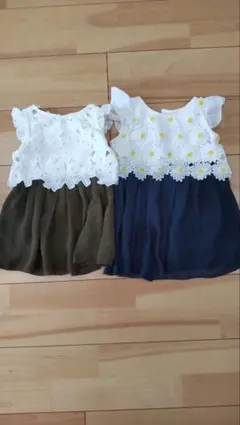 80サイズ　90サイズ　フリル袖レース花柄ワンピース2着セット