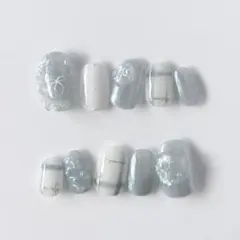 現品　 ネイルチップ ブルー　チェック　シルバー　ぷっくり　リボン　オーロラ