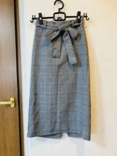 GUグレー チェック柄 タイトスカート リボン付き