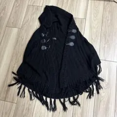 Ropali 黒 ニット ポンチョ フリンジ付き