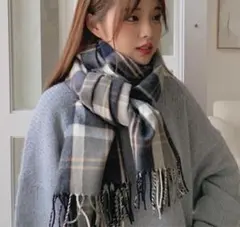 チェック柄フリンジマフラー 幅60cm 長さ185cm