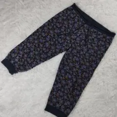 花柄　紺　ウエストゴム　紐つき　七分丈　フリーサイズ