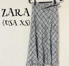 ZARA ザラ（USA XS）　黒/白/チェック/ベルト付き/フレアースカート