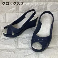 【訳あり・廃盤】crocs ファラ ウェッジ W5 21cm ネイビー×ホワイトのサムネイル