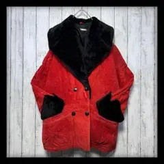 【イタリア製☆カーフスキンスウェードコート】レディースXL相当 襟袖ファー　赤黒