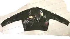 ザラZARA超ダメージペイントスエットトレーナー金箔プリントショート丈ミリタリー