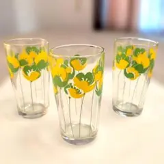 土日セール、昭和レトロポップ花柄ガラスコップ3個セット☆黄色と緑