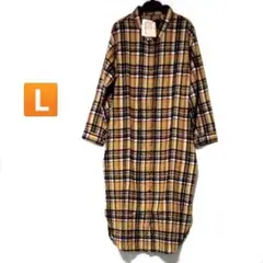ビエラ 起毛 チェック柄 シャツワンピース 長袖 ロング丈 マスタード L 新品