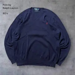 2222 古着90年代ポロバイラルフローレンVネックコットンニット刺繍ロゴ茄子紺