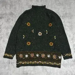 ユーロ古着　JAMPERS ニット　花柄　ウール　ハンドニット　大きめサイズ