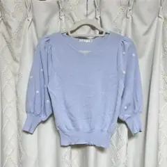 花柄刺繍 パフスリーブ 五分袖ニット ライトブルーのサムネイル