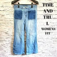 フレアデニム ハイウエスト ワイドパンツ ブルー L レディース 美脚 脚長効果