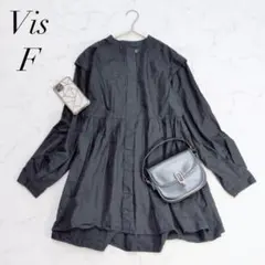 ビス/チュニック/ギャザー/バンドカラー/コットン/Fサイズ/長袖体型カバー