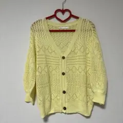 ikka カーディガン　薄手　透かし編み　イエロー　黄色　vネック　ミドル丈
