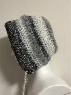 ハンドメイド ニットボンネット ふわふわ ファー調 紐付き グレー系