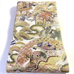 6k535 丸帯　絹　両面全通　金色　白　ピンク　緑　青　柄物　和装　着物