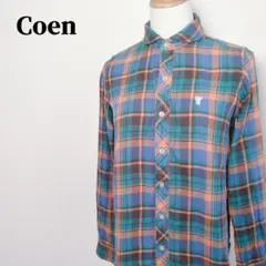 Coen　コーエン　ベア刺繍丸襟ヘリンボーンダブルガーゼチェック柄シャツ　M