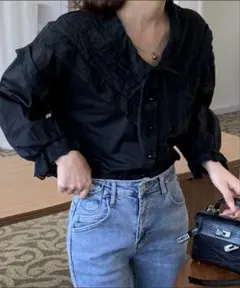 新品未使用　ボリューム袖フリルブラウス　 Mサイズ　ブラック