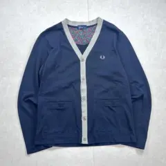 FRED PERRY 花柄 鹿子カーディガン ロゴ刺繍 ネイビー S