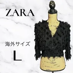 【ZARA】フリンジ カシュクール トップス ショート丈　薄手　ブラック L
