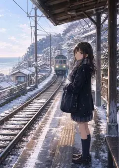 【イラスト】雪の駅と女子高生 アートポスター