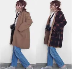 ジーユー ジャケット レディース ロングコート フリース チェック柄 フード付き