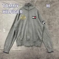 トミーヒルフィガー ニット 灰 フルジップ 刺繍ロゴ 古着 定番【7947】