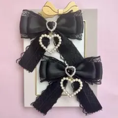 【ハンドメイド】ブラック 黒レース パールハートチャーム付き ヘアクリップ
