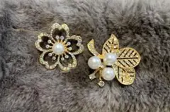 ブローチ2枚　桜型と葉っぱ　卒業式入学式 フォーマル　ゴールド　パール