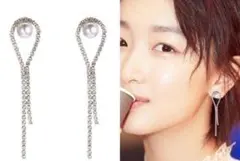 a89 韓国デザイン☆クリスタル ロング ピンクゴールド パール ピアス