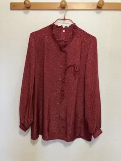 レトロ 総柄ブラウス フリルネック 長袖 レッド系 大きなサイズ 15 日本製