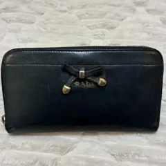 PRADA プラダ ラウンドファスナー リボン ブラック レザー ゴールド金具