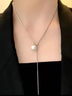 ロング パールネックレス Y字 シルバー パール 人気 マンテル シンプル