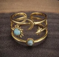 【ラス1】ターコイズ太陽 月 天体リング ゴールド 星 調節可　ヴィンテージ