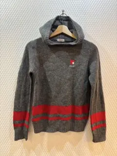 フード付きグレー/レッドストライプニットパーカー★大人カジュアル