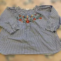 3can4on ストライプ　刺繍＆スモッキングブラウス 140 美品 チュニック